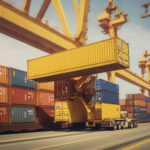 huge cargo crane of a harbor loading a yellow container. Ai generative